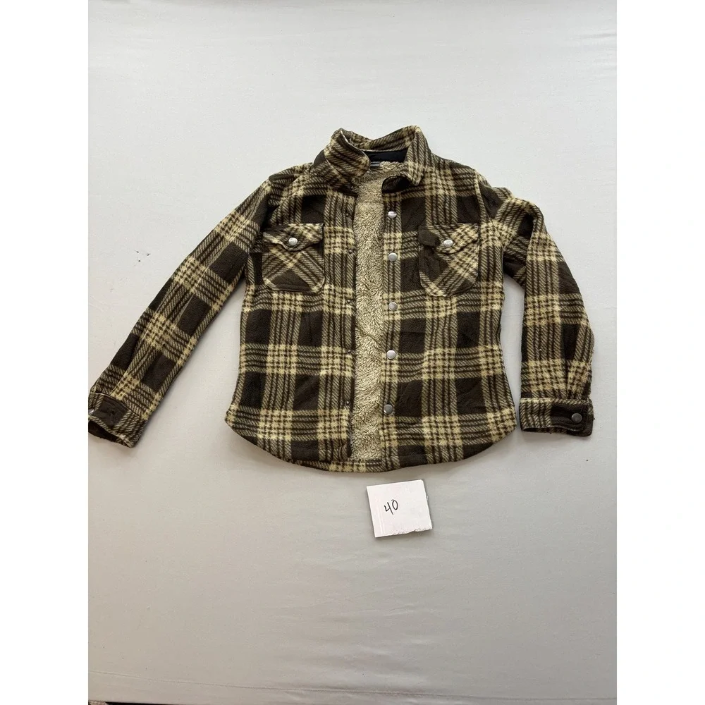 Eddie Bauer Boys Brown Tan Plaid Sherpa Lined Flannel Shirt Jacket Size 8